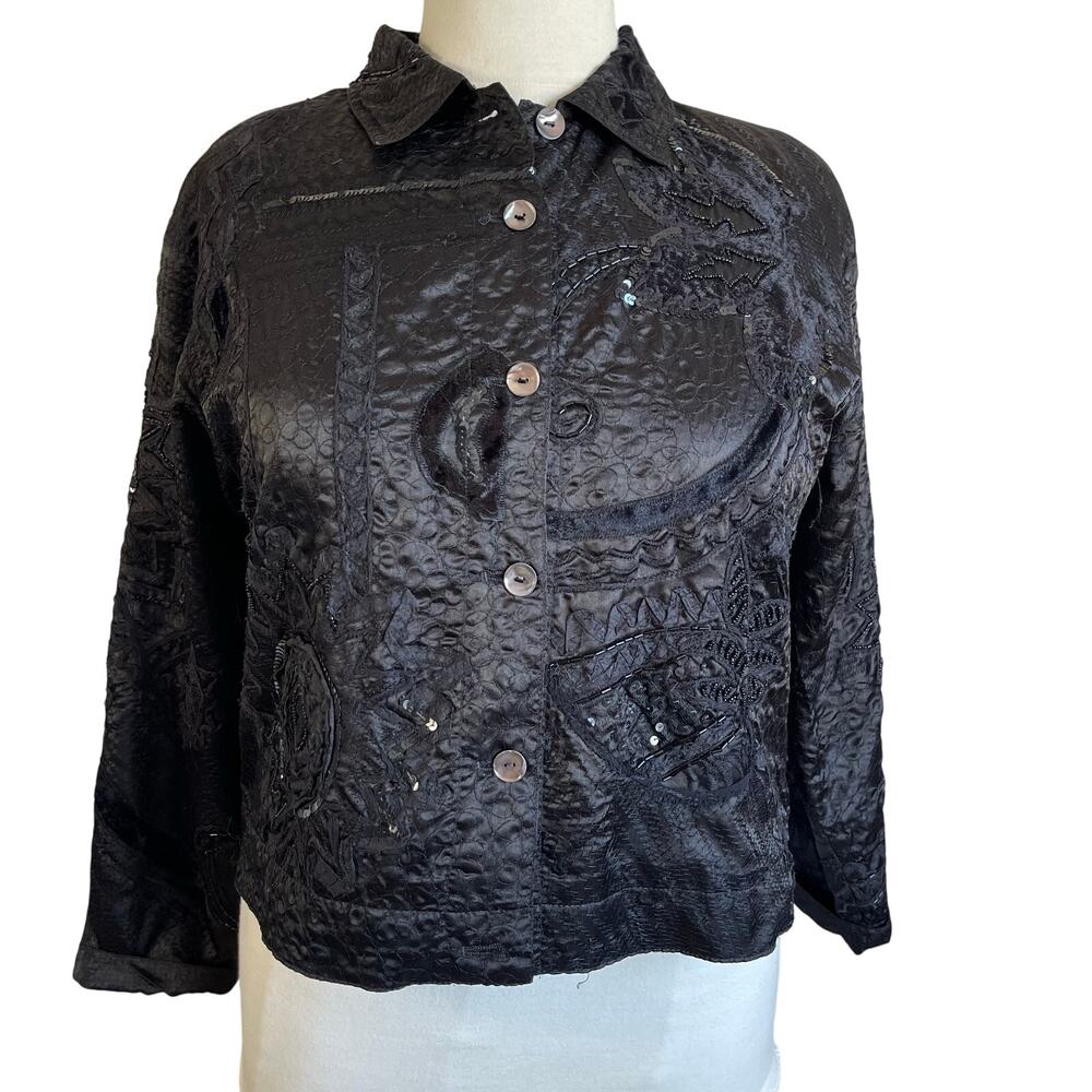 Chico’s Black Satin Silk Beaded Sequin Embroidered Cropped Button Jacket XL